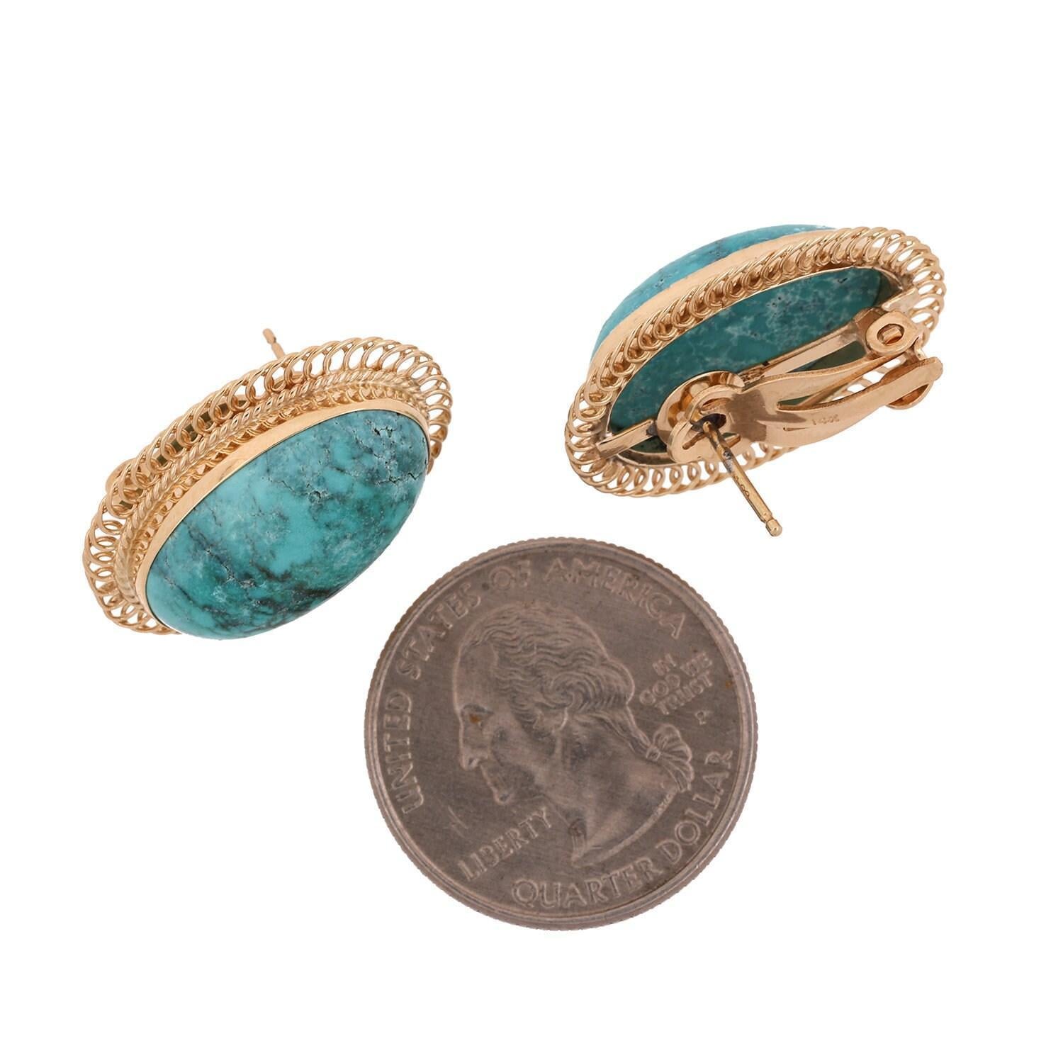 Vintage Turquoise Filigree Oval Earrings Yellow Gold Omega Backs 0.65" Ladies