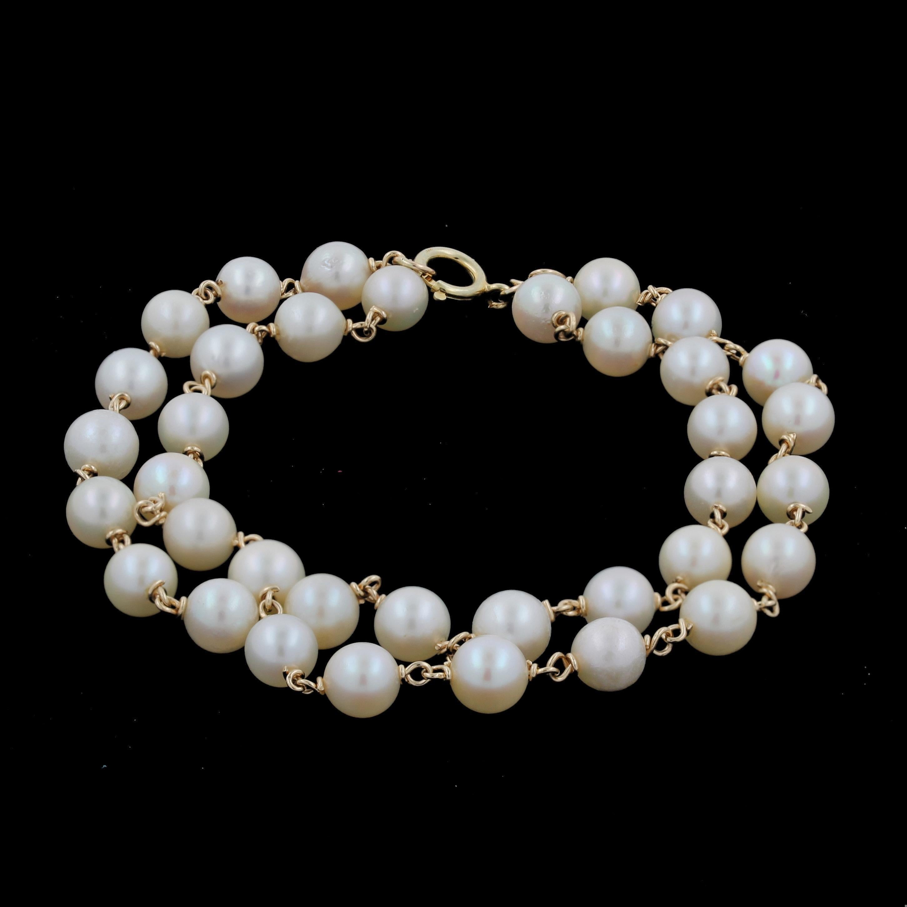 Vintage Two-Strand Freshwater Pearl Bracelet 14K Yellow Gold Chain Estate 7.5"
