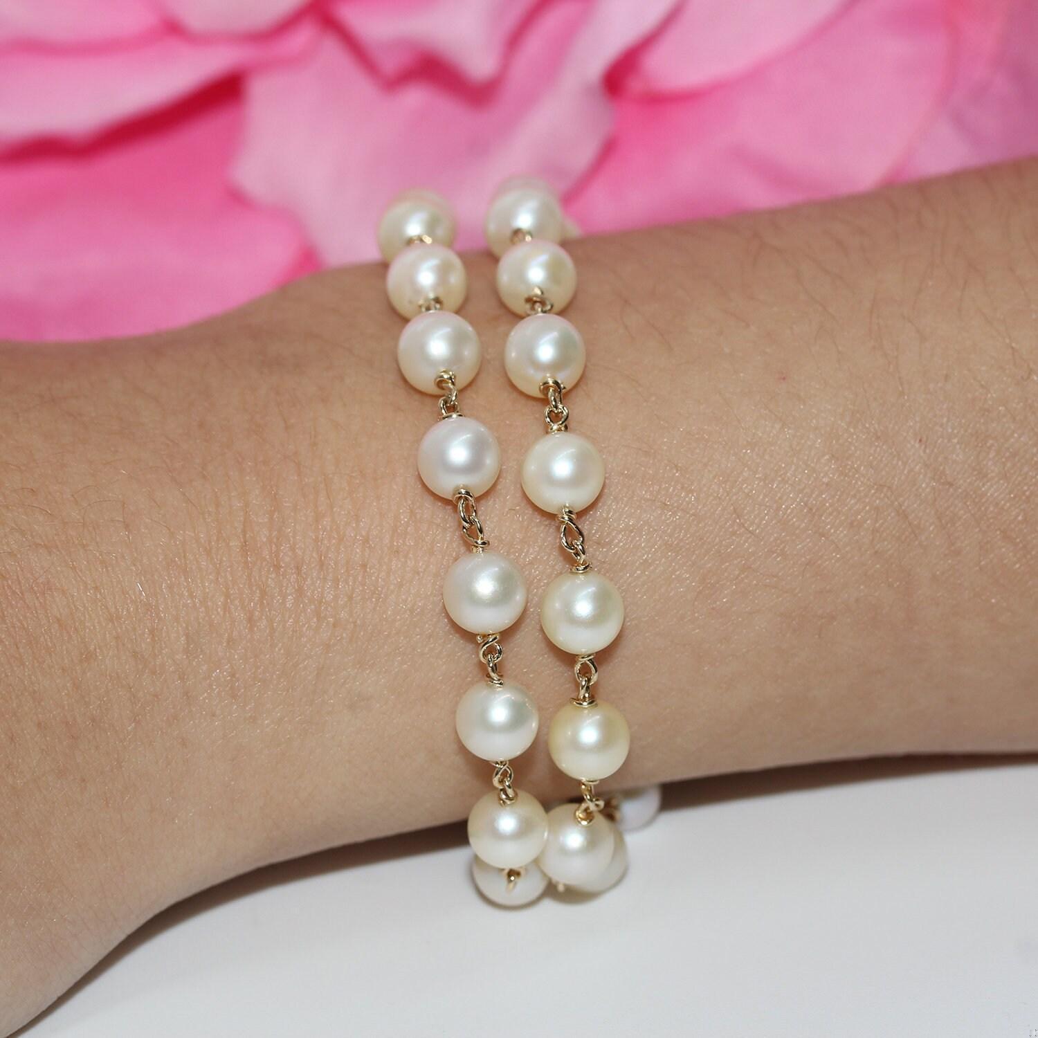 Vintage Two-Strand Freshwater Pearl Bracelet 14K Yellow Gold Chain Estate 7.5"