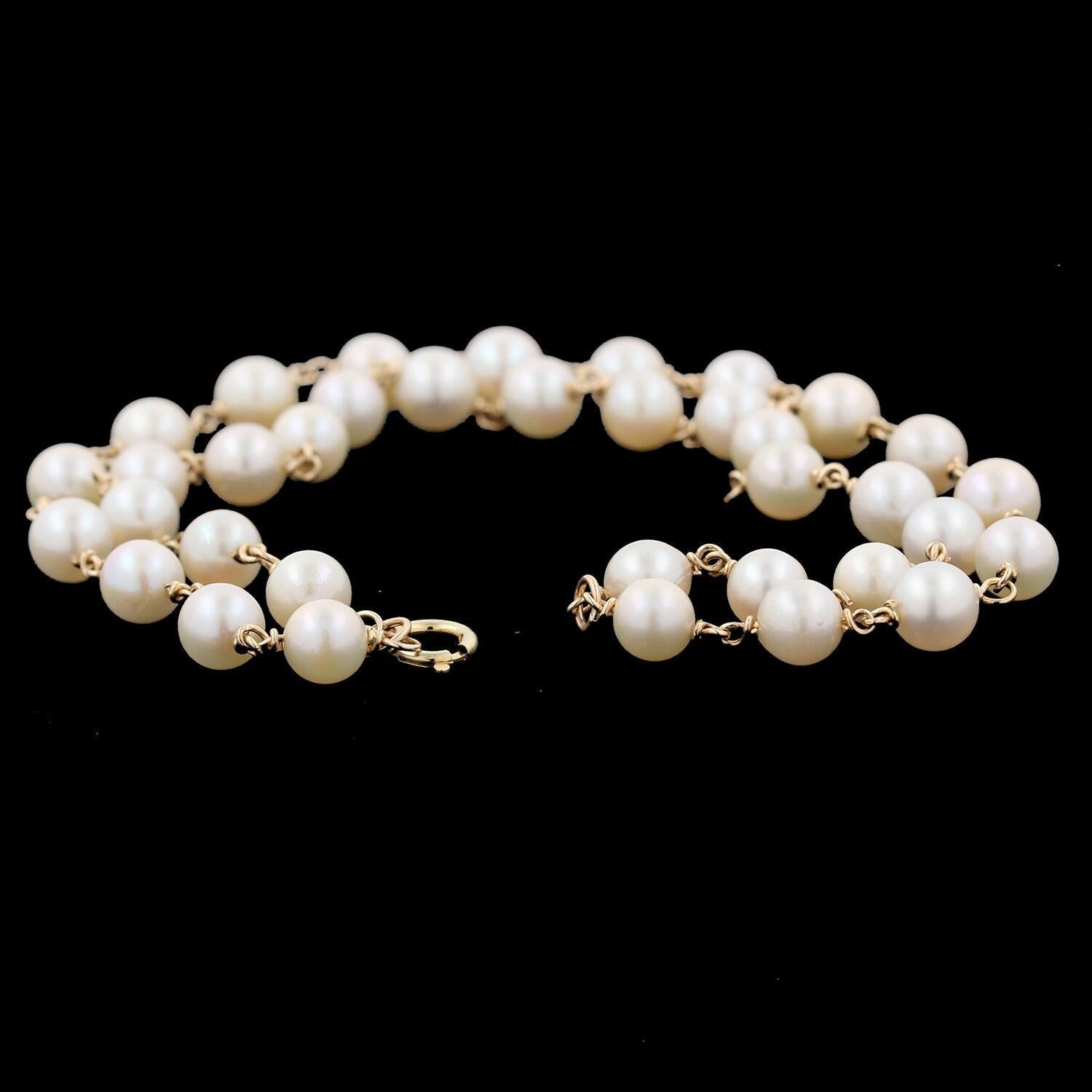 Vintage Two-Strand Freshwater Pearl Bracelet 14K Yellow Gold Chain Estate 7.5"