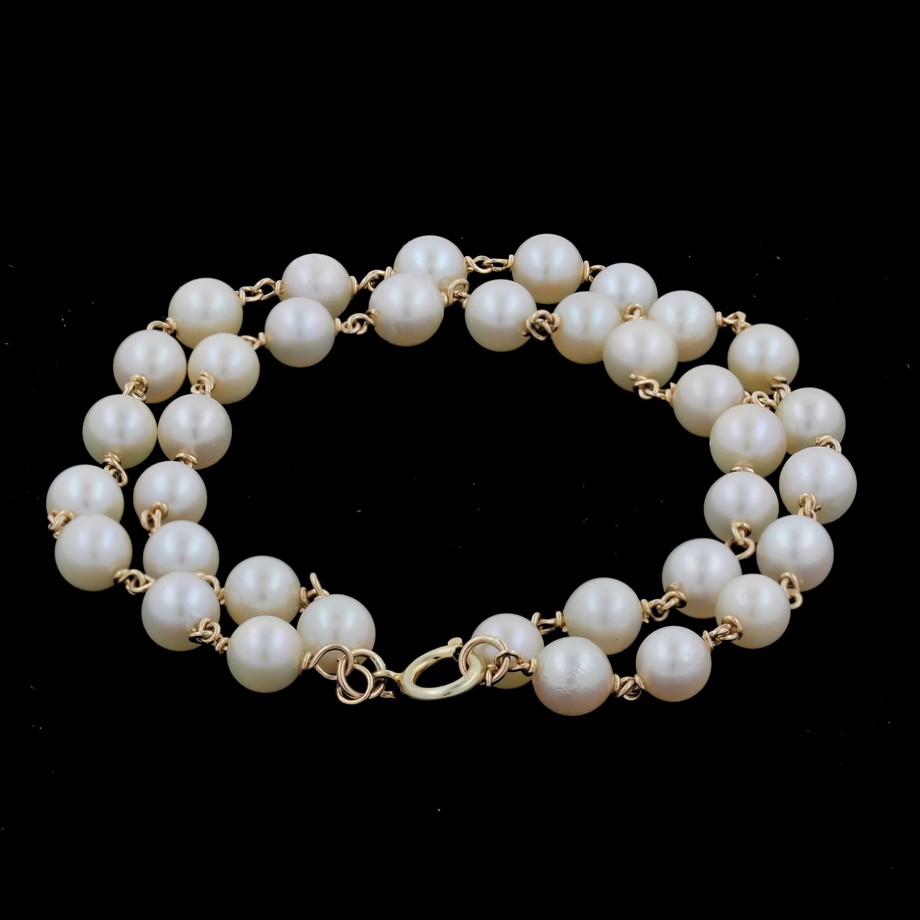 Vintage Two-Strand Freshwater Pearl Bracelet 14K Yellow Gold Chain Estate 7.5"