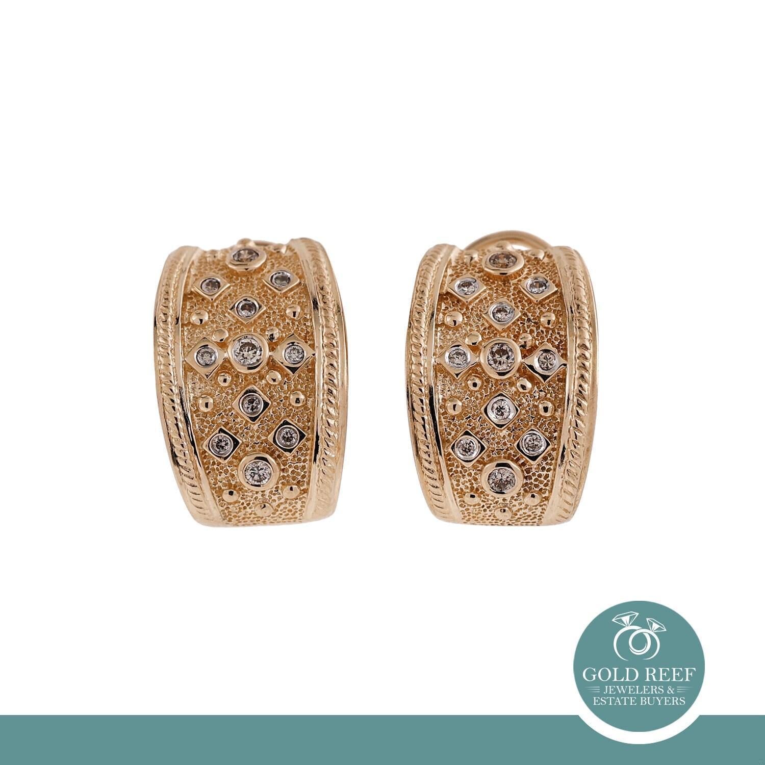 Diamond J Hoop Wide Earrings 14K Yellow Gold 0.33 TW Diamonds 0.55" Omega Backs