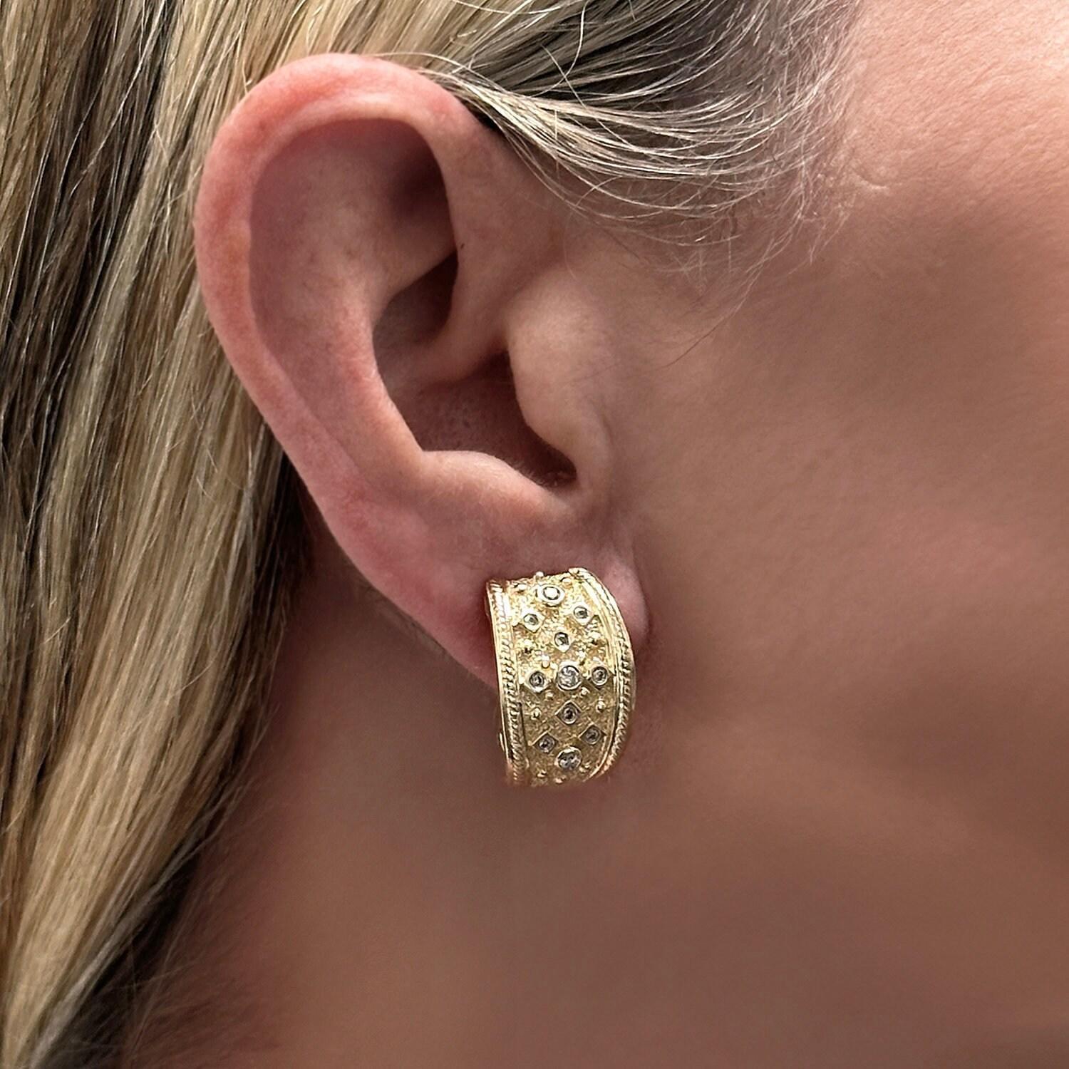 Diamond J Hoop Wide Earrings 14K Yellow Gold 0.33 TW Diamonds 0.55" Omega Backs