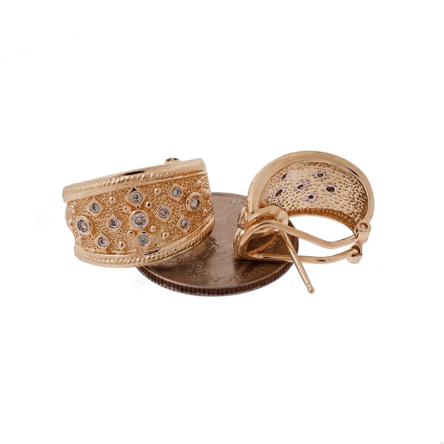 Diamond J Hoop Wide Earrings 14K Yellow Gold 0.33 TW Diamonds 0.55" Omega Backs