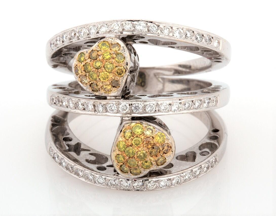 Cluster Yellow Diamond Heart Ring 14K White Gold 1.05 TW Wide Band Size 6.25