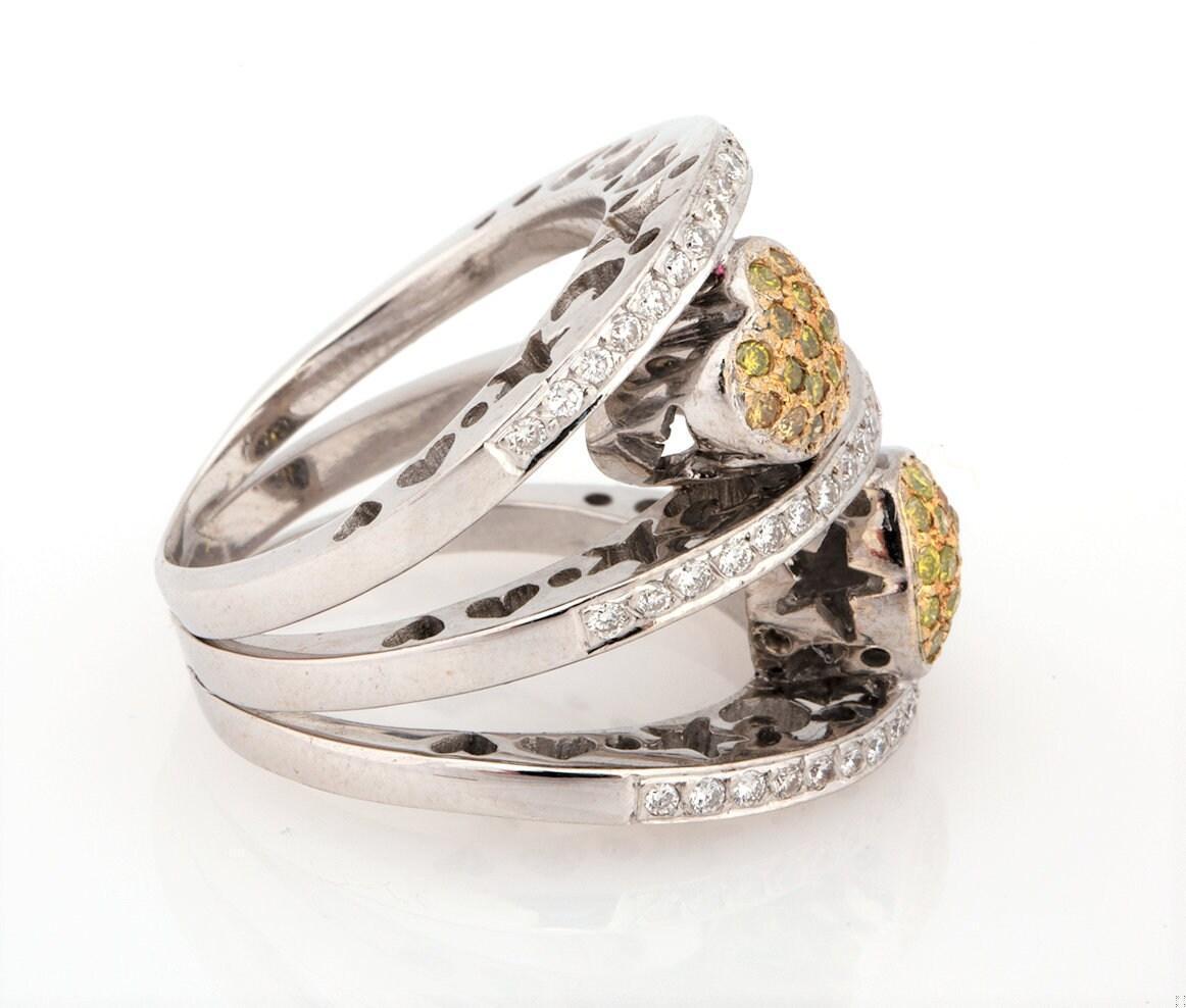 Cluster Yellow Diamond Heart Ring 14K White Gold 1.05 TW Wide Band Size 6.25