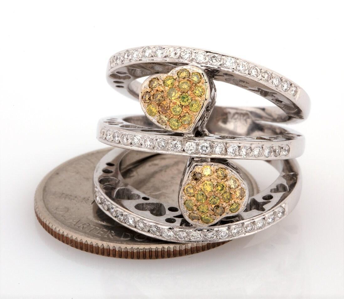 Cluster Yellow Diamond Heart Ring 14K White Gold 1.05 TW Wide Band Size 6.25