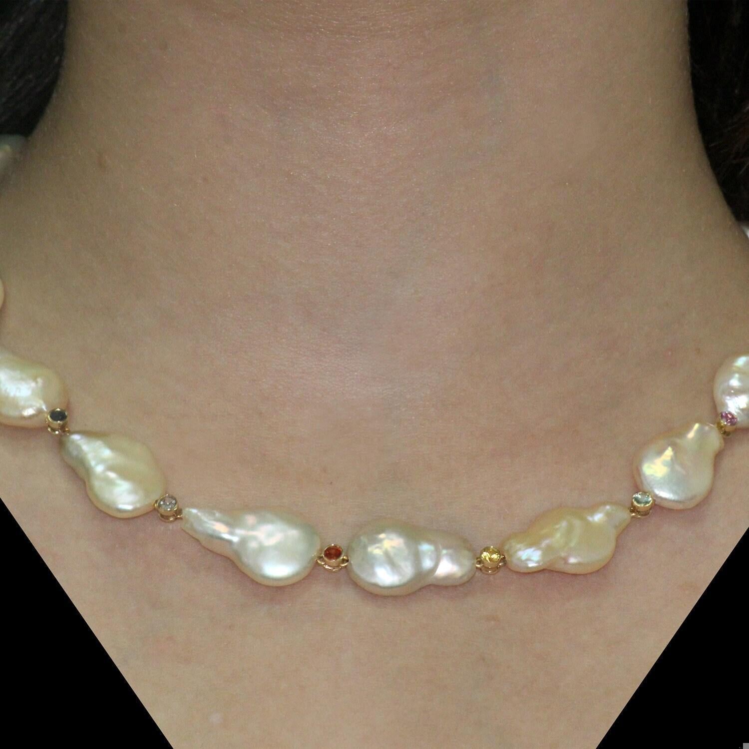 Yvel Baroque Pearl Multi Colored Topaz Necklace 18K Yellow Gold 17" Ladies