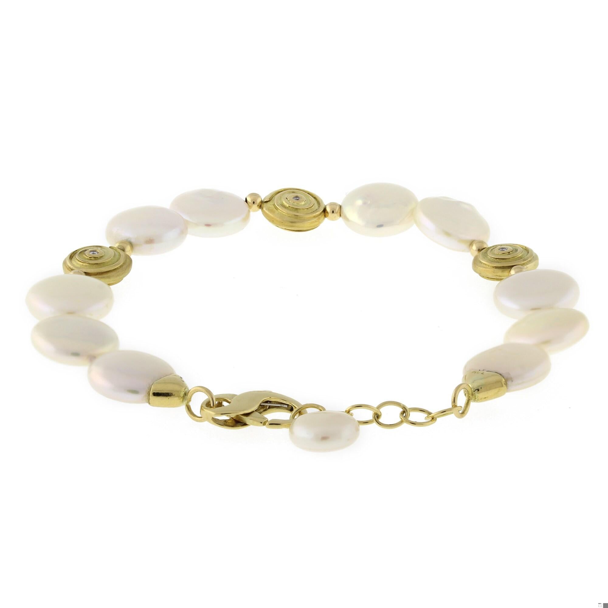 Yvel Freshwater Coin Pearl Diamond Nugget Bracelet 18K Yellow Gold 8-8.75"