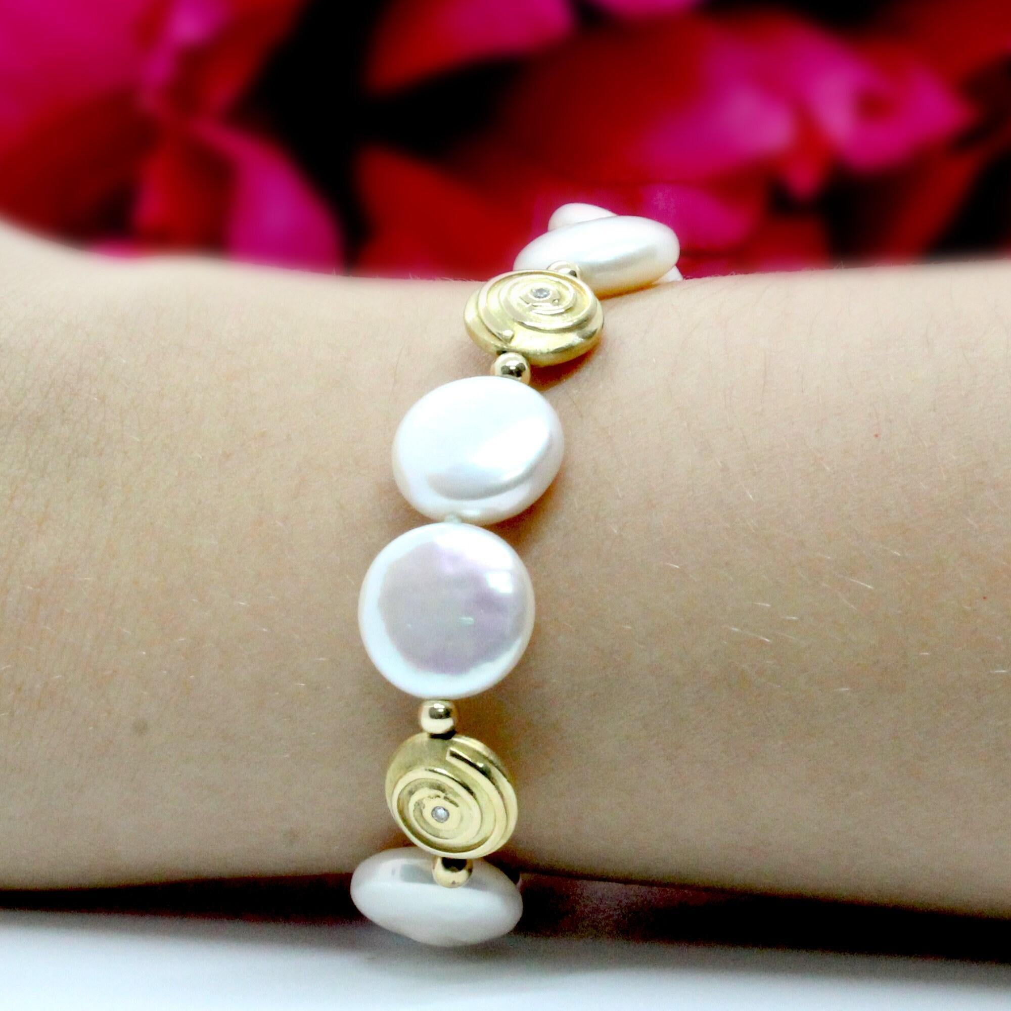 Yvel Freshwater Coin Pearl Diamond Nugget Bracelet 18K Yellow Gold 8-8.75"