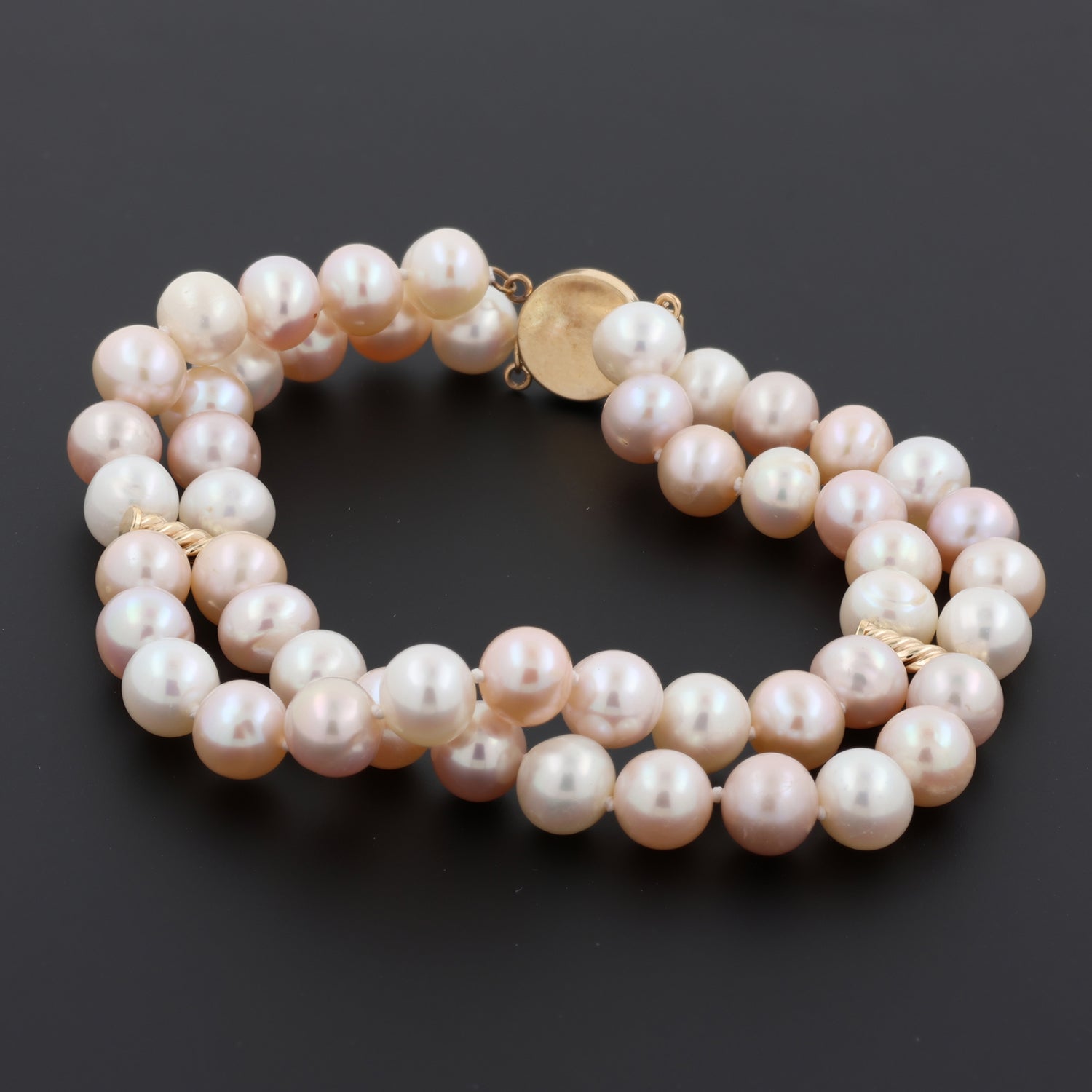 Vintage Two-Strand Freshwater Pearl Bracelet 14K Yellow Gold Estate 8.25"