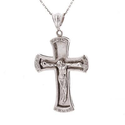 14K Solid White Gold Diamond Crucifix Cross Pendant 0.20 CTW Large 2.25" Estate