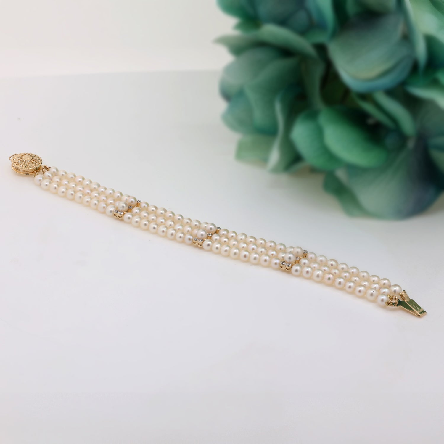 Vintage 3-Strand Pearl Diamond Bracelet 14K Yellow Gold 7.25" Ladies Estate