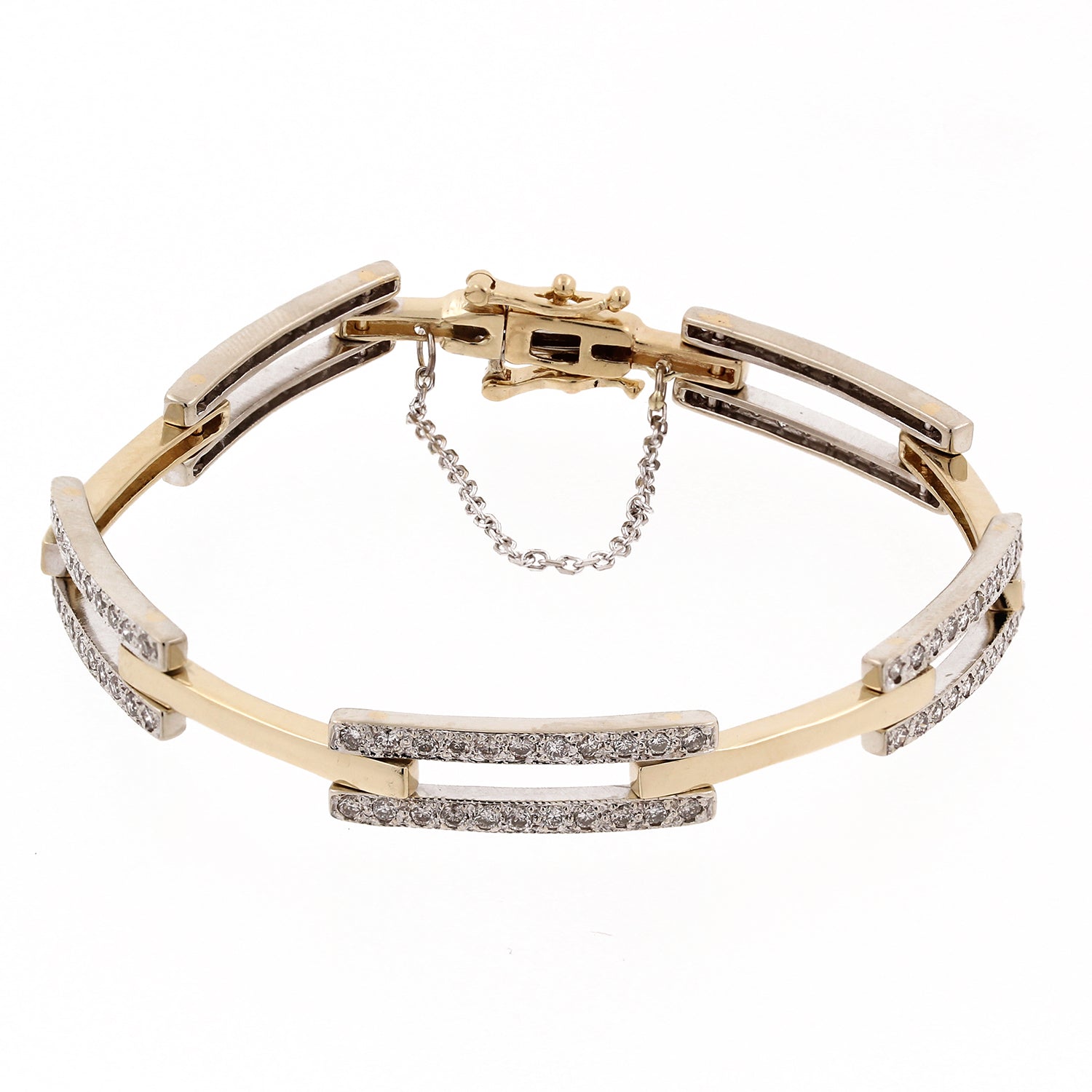 Rectangle Bar Link Diamond Bracelet 14K Two -Tone Gold 3.00 CTW 6.75" Estate