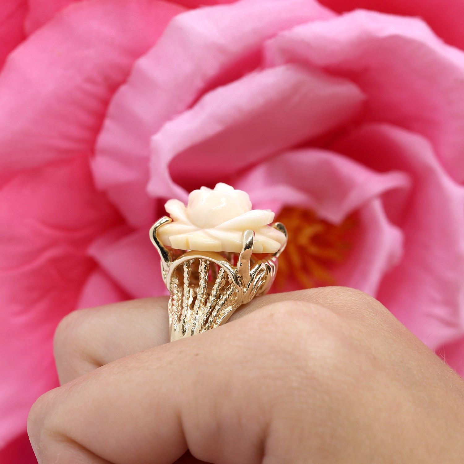 Carved Rose Flower Ring White Angel Skin Coral 14K Yellow Gold Size 7.5