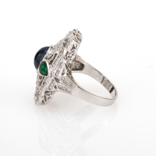 Vintage Sapphire Emerald & Diamond Statement Ring 18K White Gold 5.75 CTW