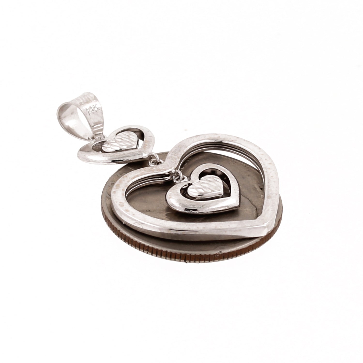 Open Heart Pendant 14K White Gold Diamond Cut 5 Heart Dangle 1.40" Estate