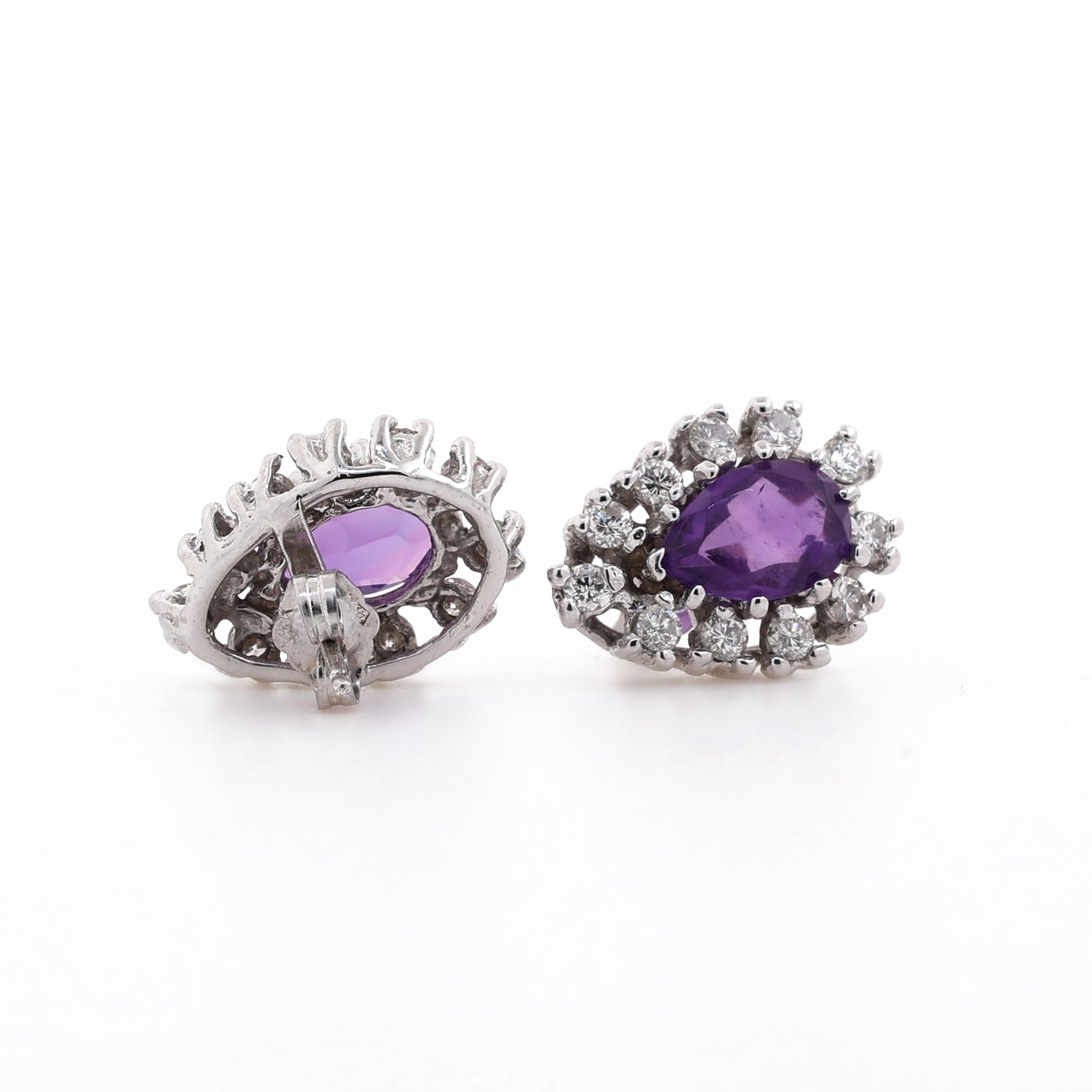 Amethyst Diamond Halo Stud Earrings 14K White Gold 3.40 CTW Pear Shaped Estate