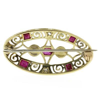 Vintage Diamond Ruby Freshwater Pearl Filigree Pin Brooch 14K 2-Tone Gold Ladies