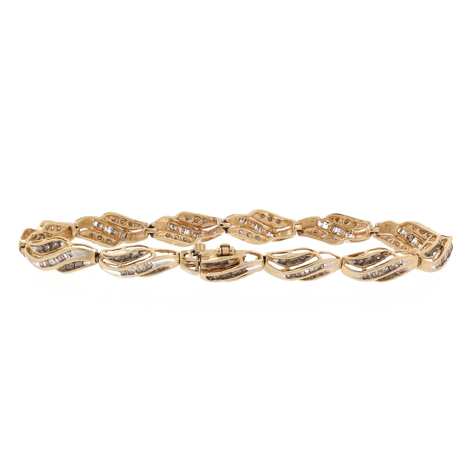 Diamond Swirl Station Bracelet 10K Two-Tone Gold 2.50 CTW Baguette Rounds 7.25"