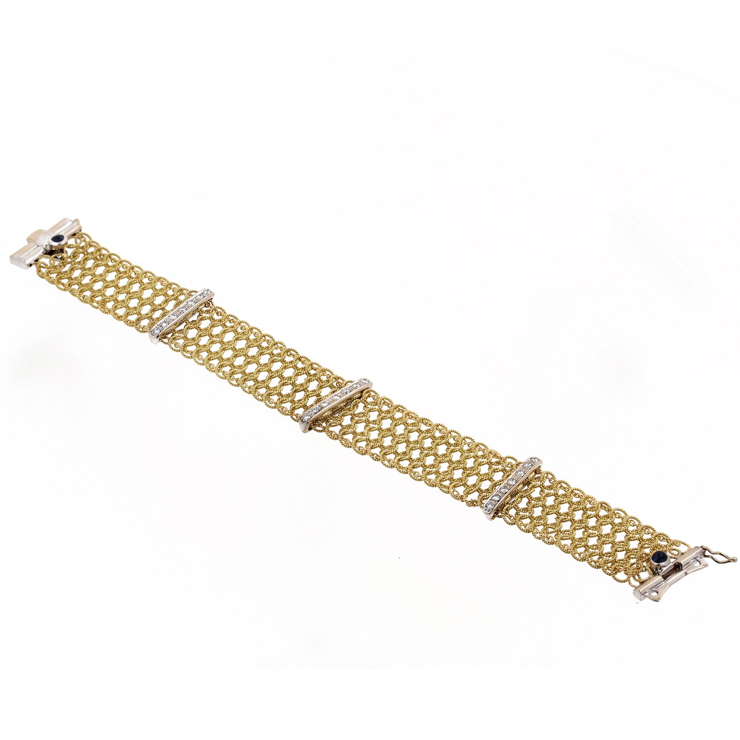 Diamond 18K Two-Tone Gold Mesh Diamond & Sapphire Bracelet 6.5" 0.80 CTW