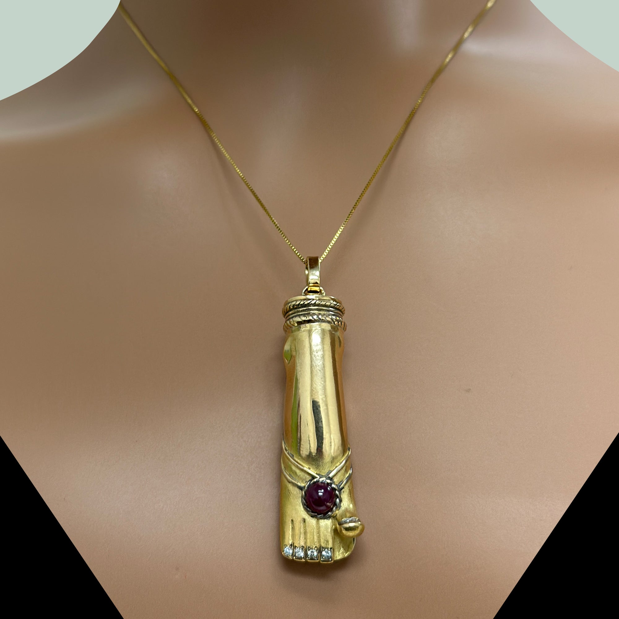 Vintage 18K Yellow Gold "FRED" Ruby & Diamond Foot Pendant Charm 1.95"