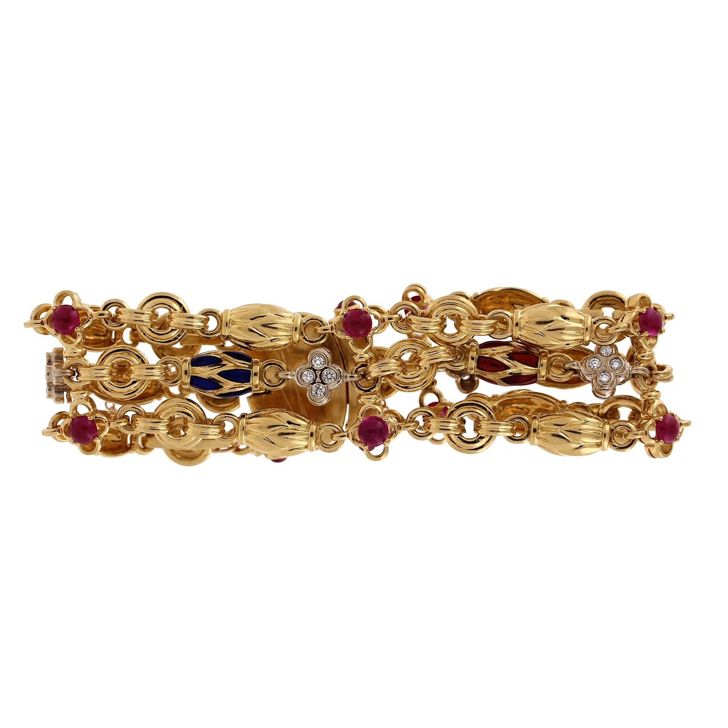 Ruby Diamond Multi-Strand Enamel Bracelet 18K Yellow Gold 4.13 CTW 6.25" Estate