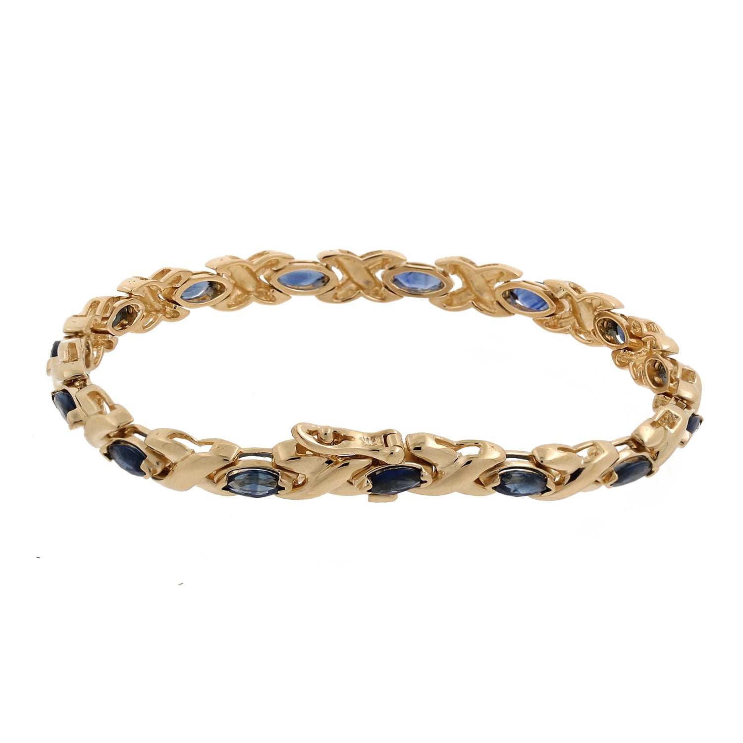 Blue Sapphire Station X Link Bracelet 14K Yellow Gold 4.20 CTW 7" Estate