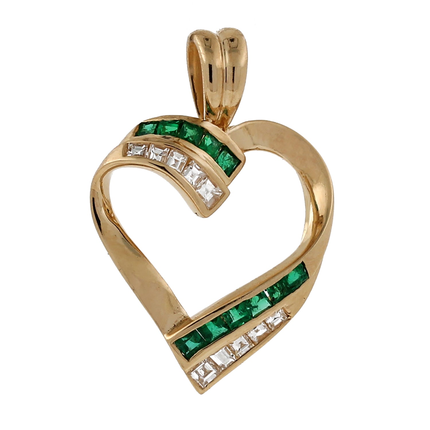 Princess Cut Emerald Diamond Open Heart Pendant 18K Yellow Gold 0.87 CTW 1.18"