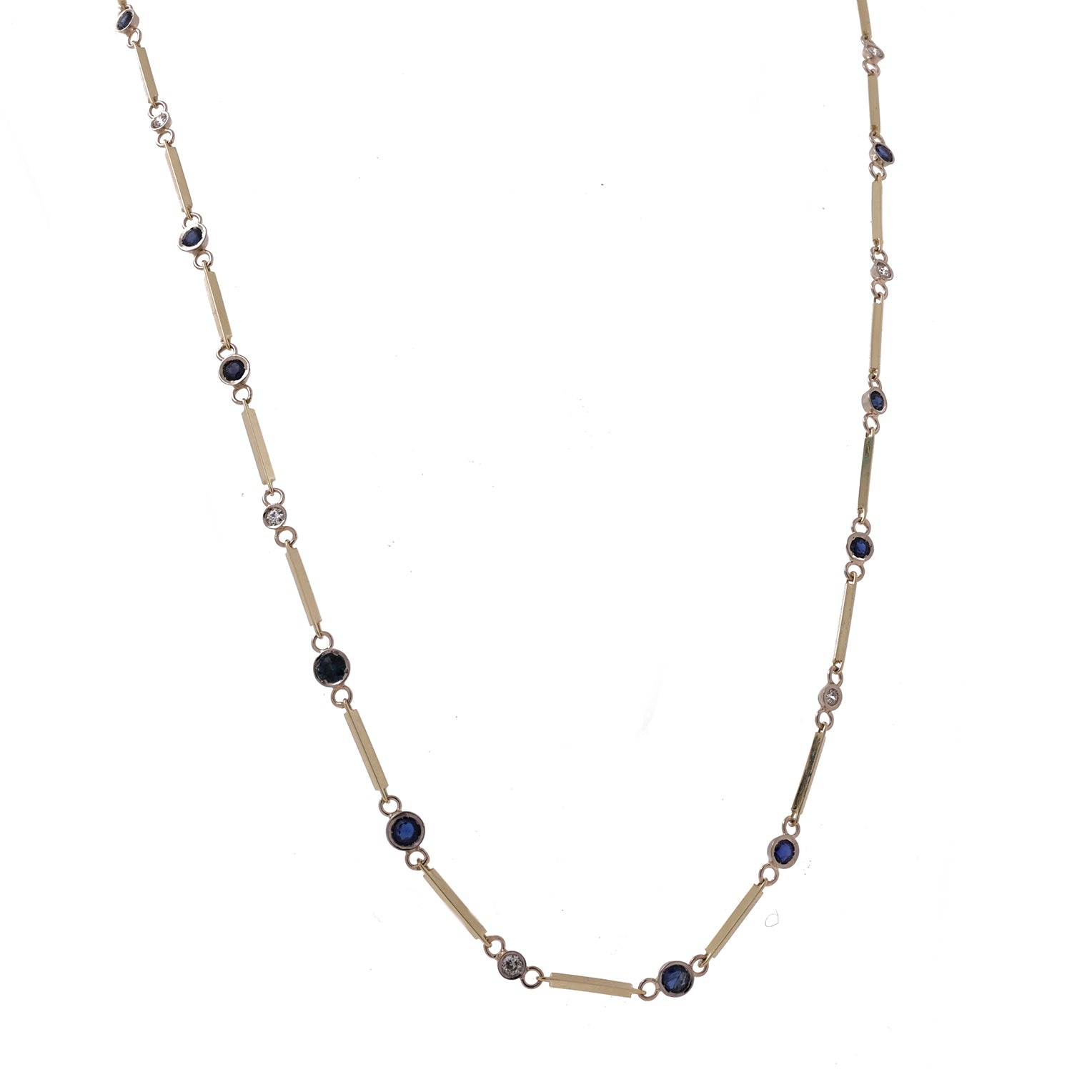 Blue Sapphire Diamond Station Necklace 14K Yellow Gold Bar Link Chain 26.5"