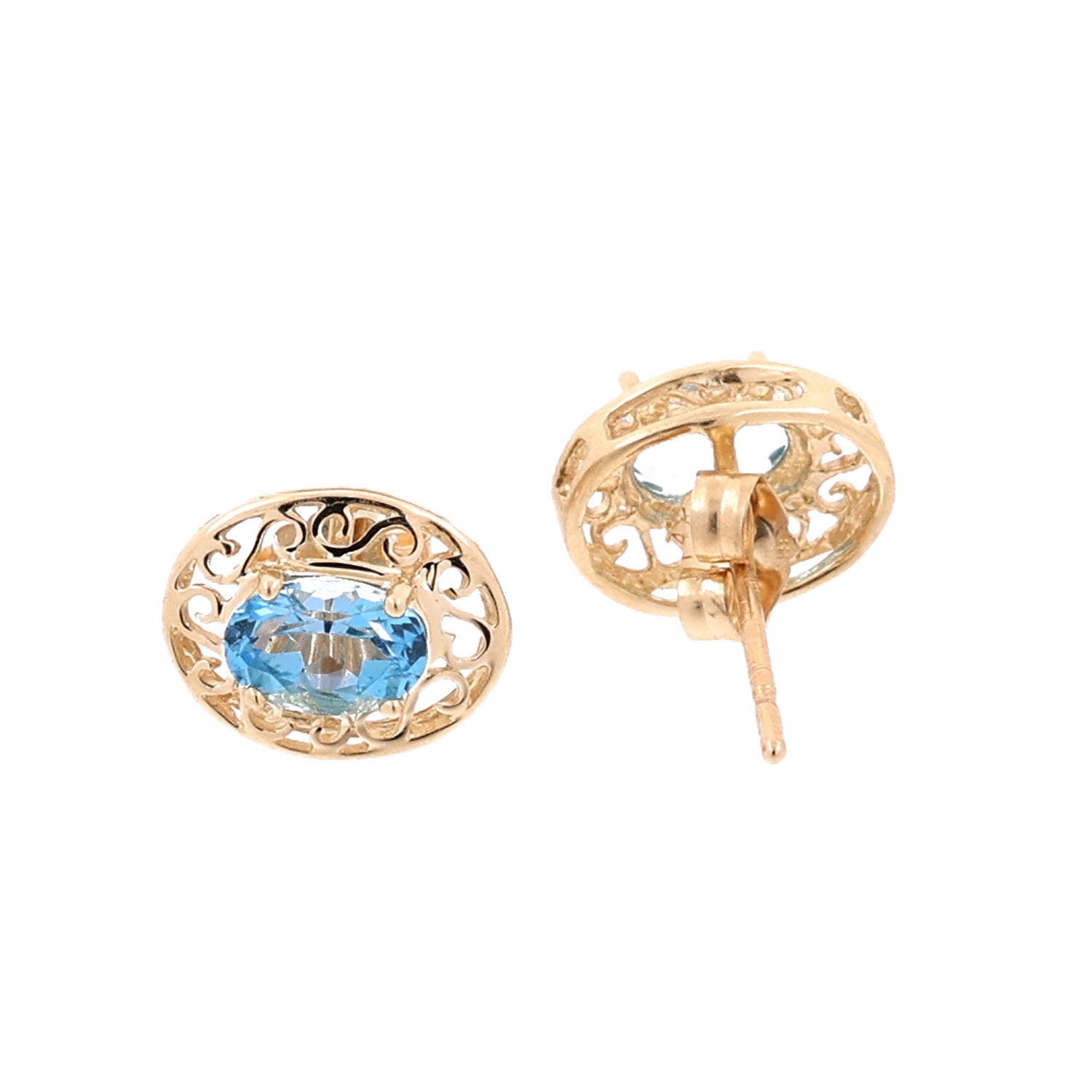 Blue Topaz Filigree Stud Earrings 14K Yellow Gold 1.16 TW Oval Gems