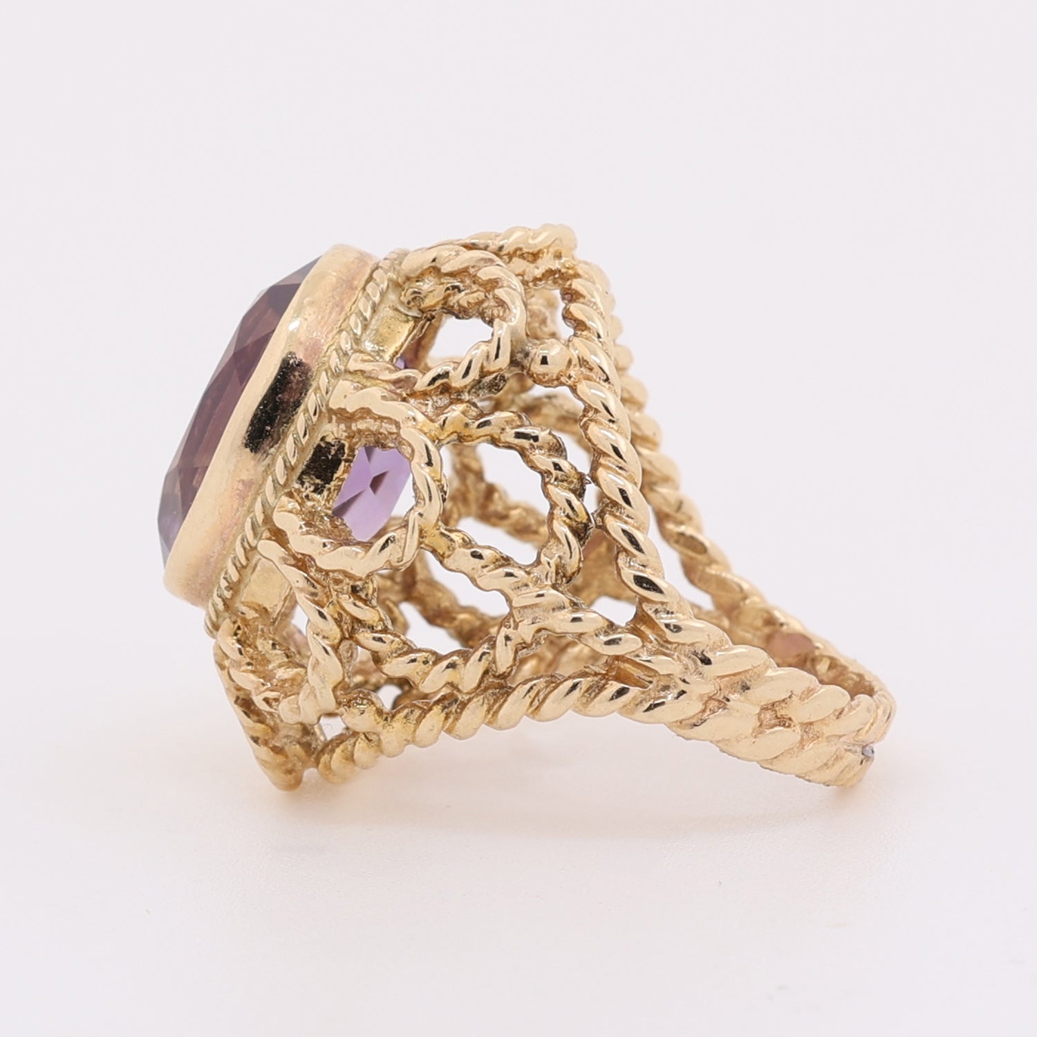 Vintage Amethyst Flower Statement Ring 14K Yellow Gold 14 x 12 mm Oval Gem SZ 5