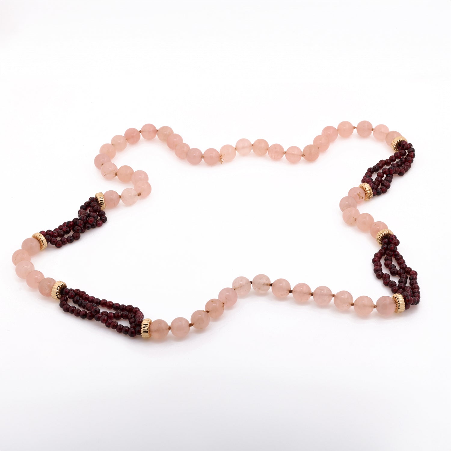 Vintage Rose Quartz Garnet Bead Necklace 14K Yellow Gold Accents 32"