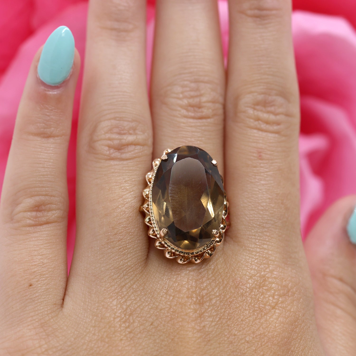Smoky Quartz Statement Ring 14K Yellow Gold 17.25 CT Oval Gem Size 7.75