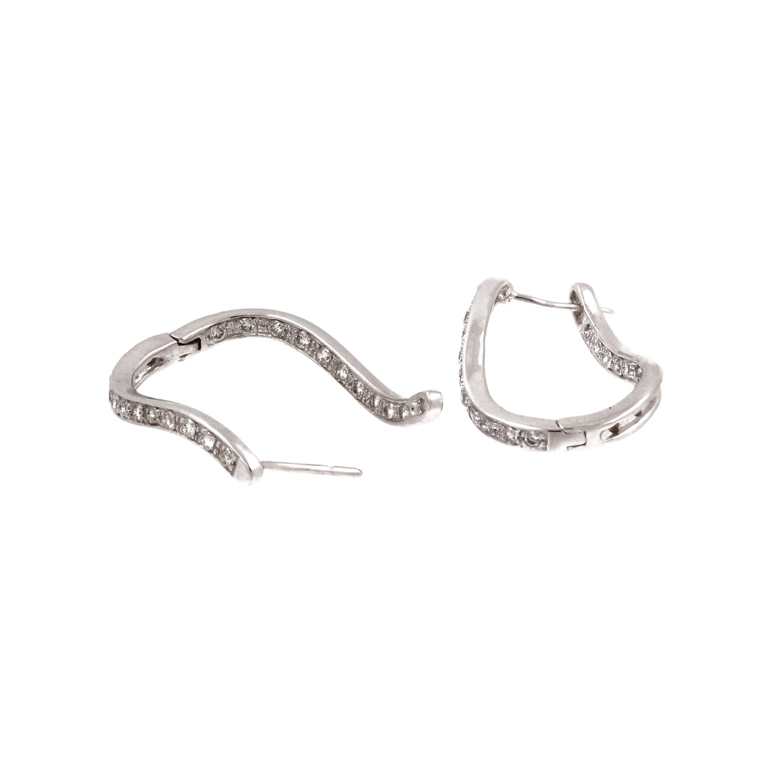 Inside Out Diamond Oval Hoop Earrings 14K White Gold 0.70 CTW Curved Swirl 1.10"