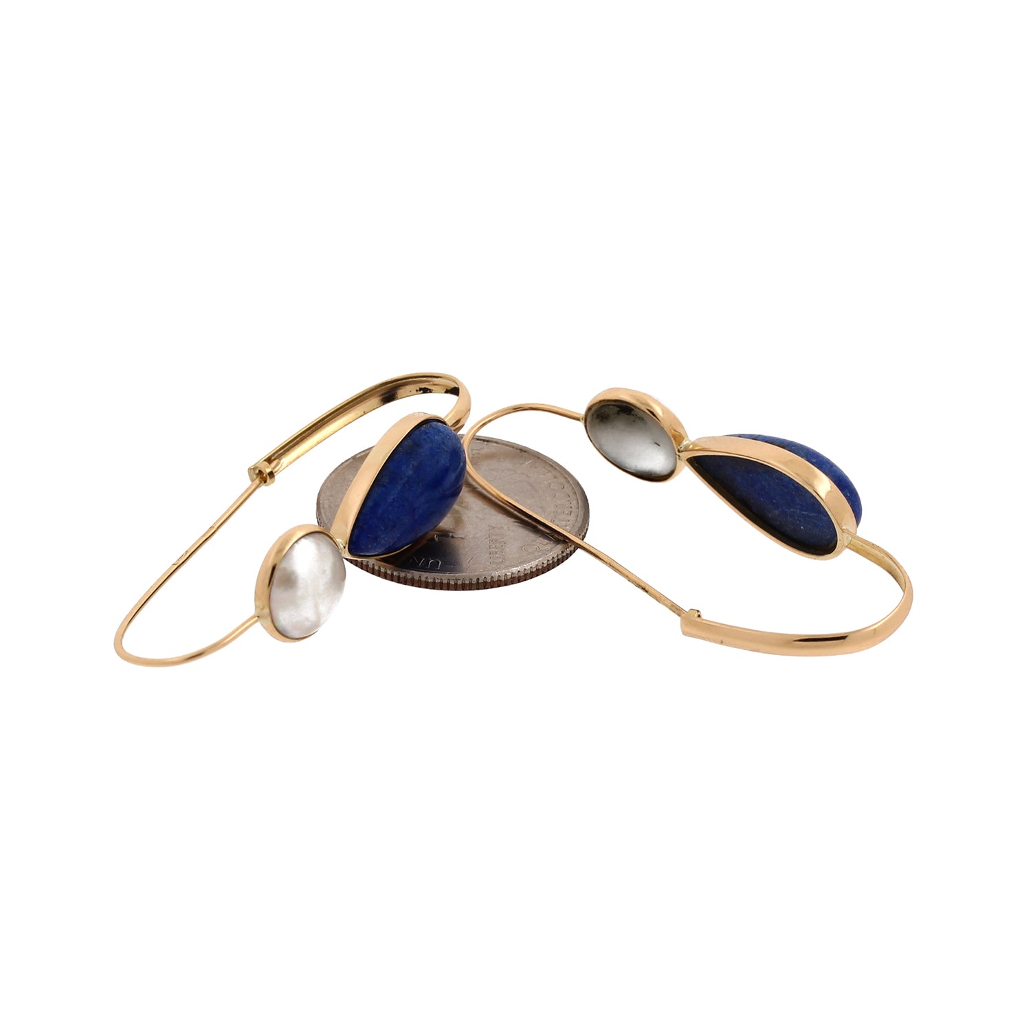 Lapis Lazuli Pearl Oval Hoop Earrings 18K Yellow Gold 1.80" Estate