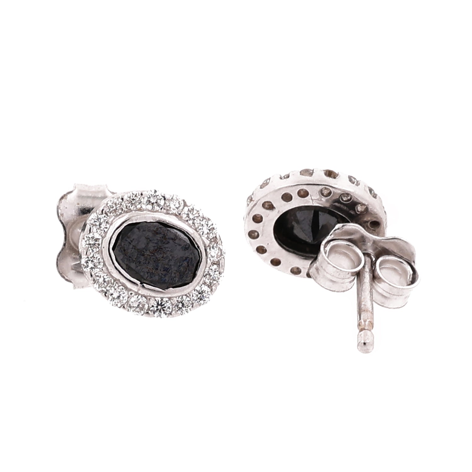 Halo Black Diamond Oval Stud Earrings 18K White Gold 0.93 TW 0.27"