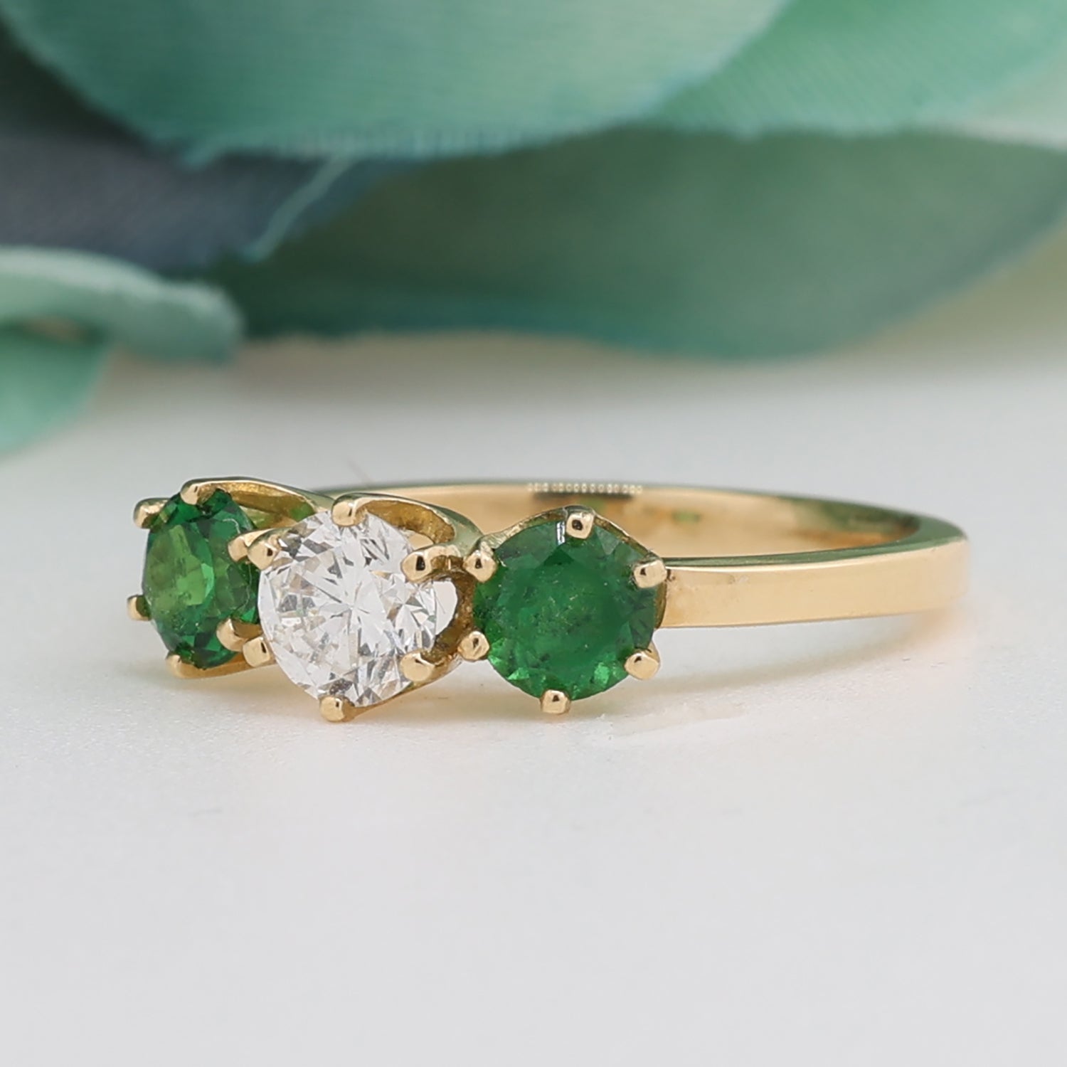 3-Stone Tsavorite Garnet Diamond Ring 18K Yellow Gold Size 5.25 Estate