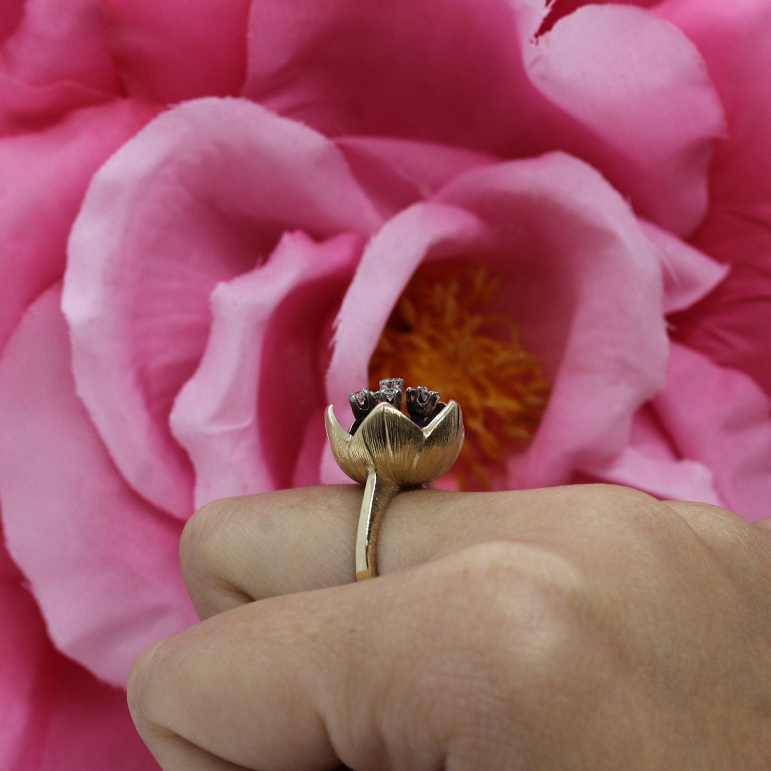 Diamond Flower Cocktail Ring 14K Yellow Gold 0.30 CTW Diamonds SZ 4.75 Vintage