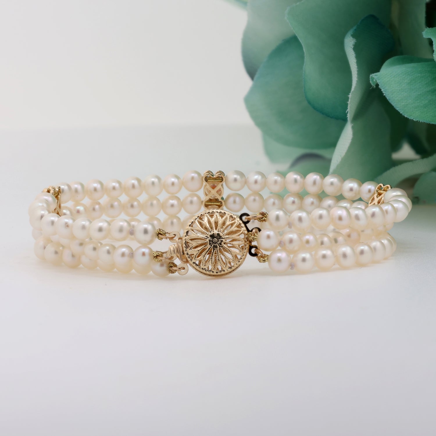 Vintage 3-Strand Pearl Diamond Bracelet 14K Yellow Gold 7.25" Ladies Estate