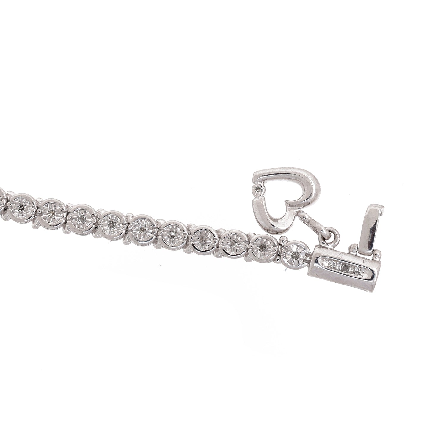 0.35 TW Diamond Round Link Tennis Bracelet 10K White Gold Heart Charm Accent 7"