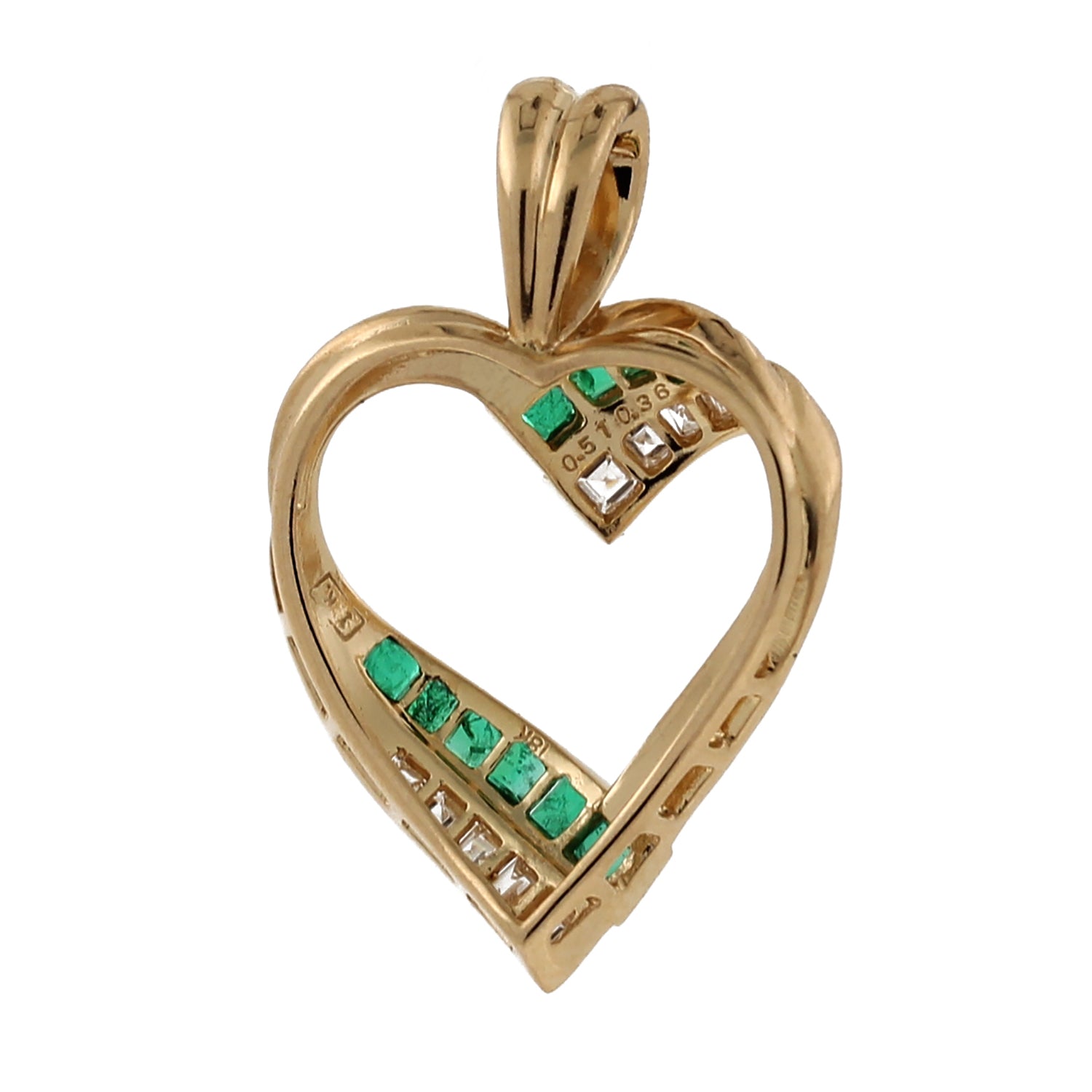 Princess Cut Emerald Diamond Open Heart Pendant 18K Yellow Gold 0.87 CTW 1.18"