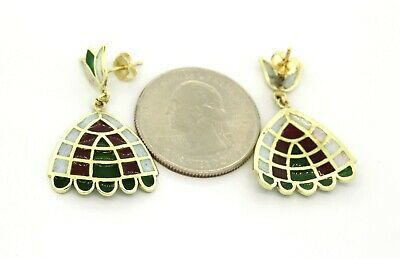 Vintage Enamel Shell Yellow Gold Dangle Drop Earrings 14K Gold Ladies