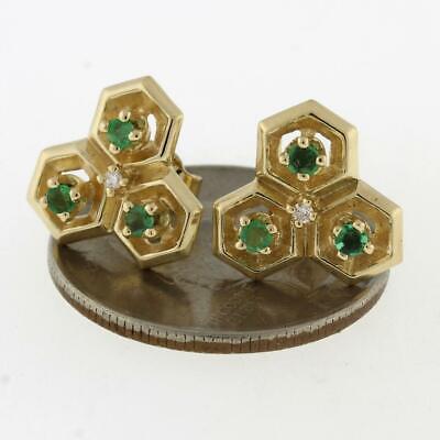 Vintage Green Tourmaline & Diamond Stud Earrings 14K Yellow Gold Butterfly Backs