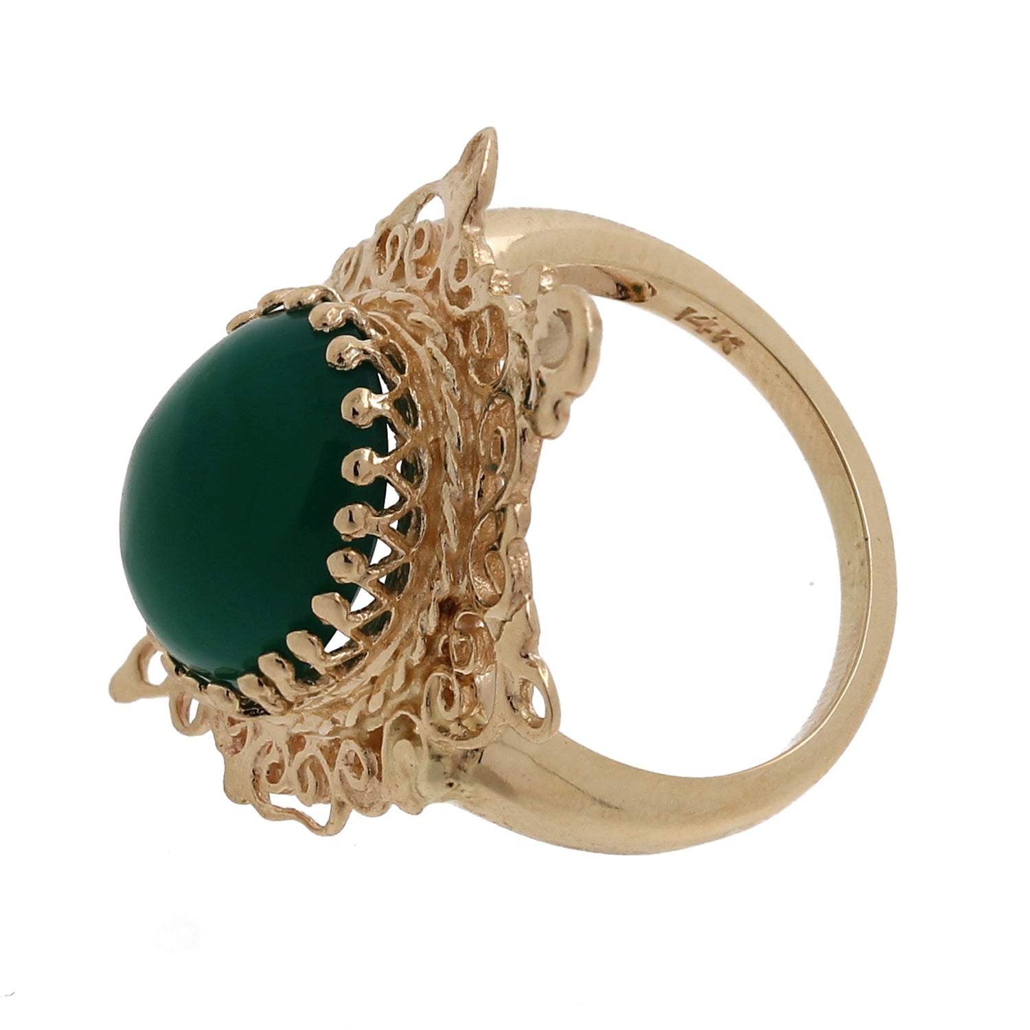 Vintage14K Yellow Gold Art Deco Green Chalcedony Cocktail Ring 6.00 CT SZ4.25