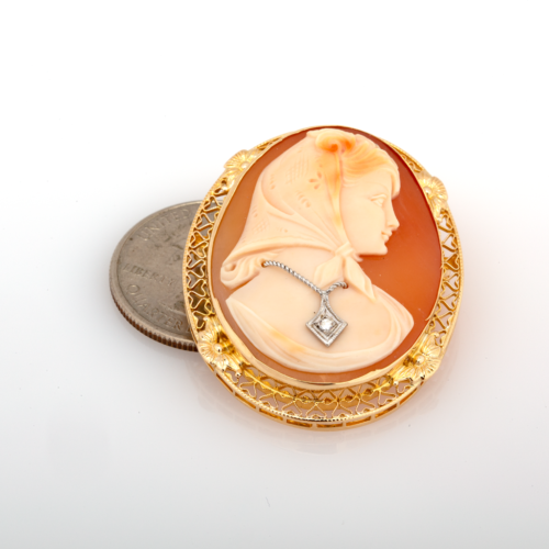 Vintage Cameo Carved Shell Diamond Brooch 14K Yellow Gold 0.03 CTW Ladies Natural Round Cut Diamond