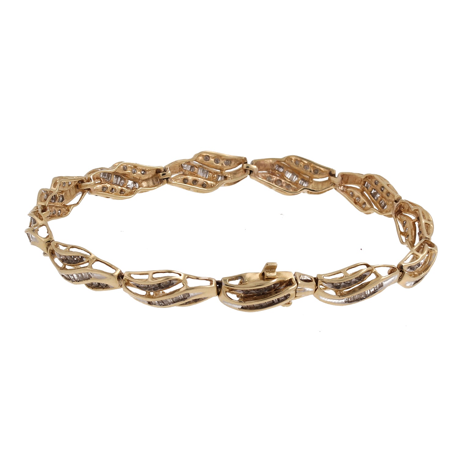 Diamond Swirl Station Bracelet 10K Two-Tone Gold 2.50 CTW Baguette Rounds 7.25"