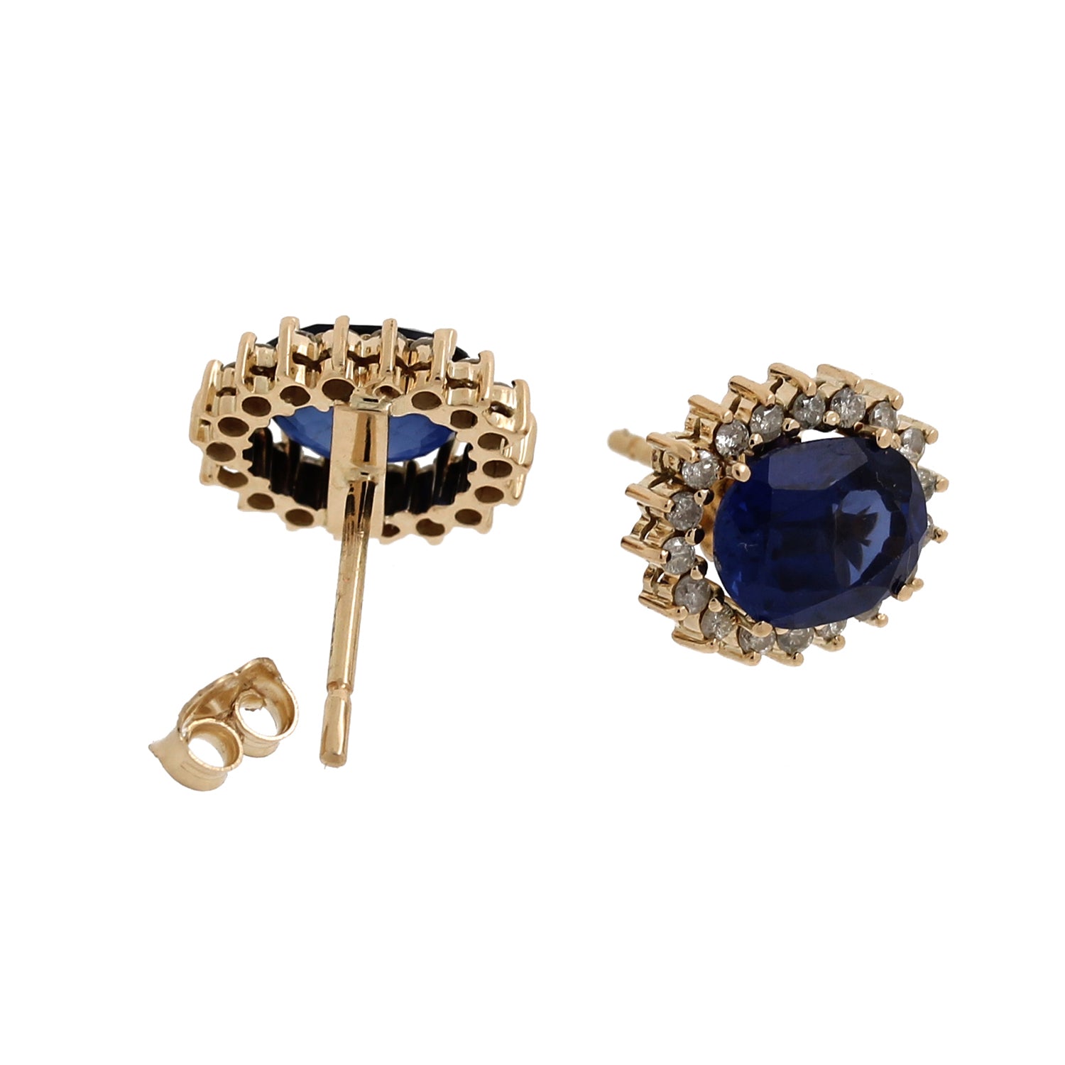 Oval Shaped Sapphire Diamond Halo Stud Earrings Yellow Gold 1.53 CTW Estate