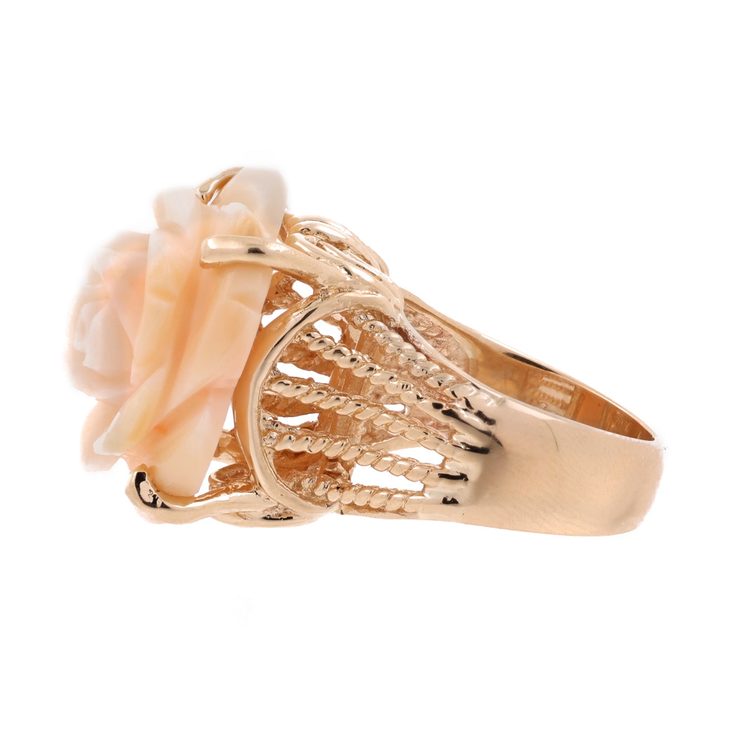 Carved Rose Flower Ring White Angel Skin Coral 14K Yellow Gold Size 7.5