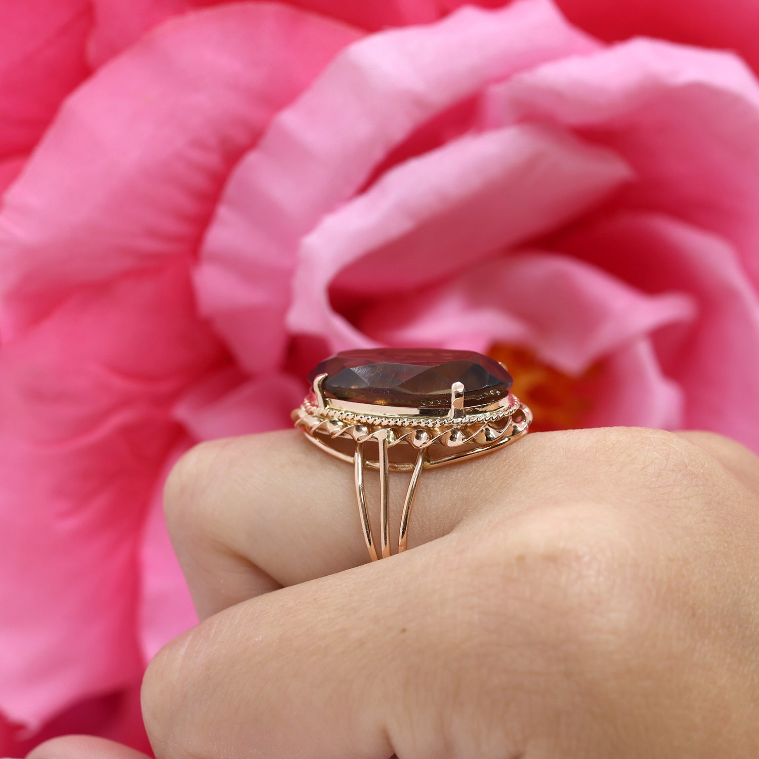 Smoky Quartz Statement Ring 14K Yellow Gold 17.25 CT Oval Gem Size 7.75